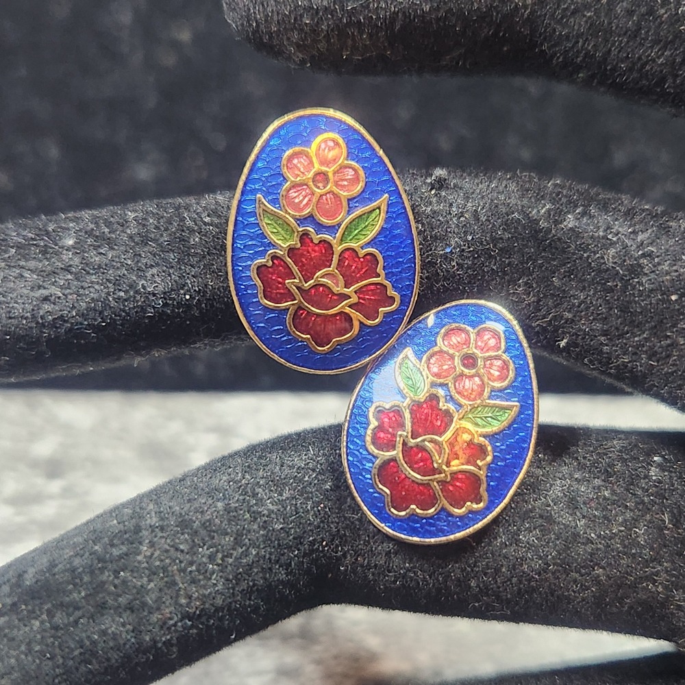 Vintage Cloisonne Enamel Floral Stud Earrings Blue Red Gold Tone Oval